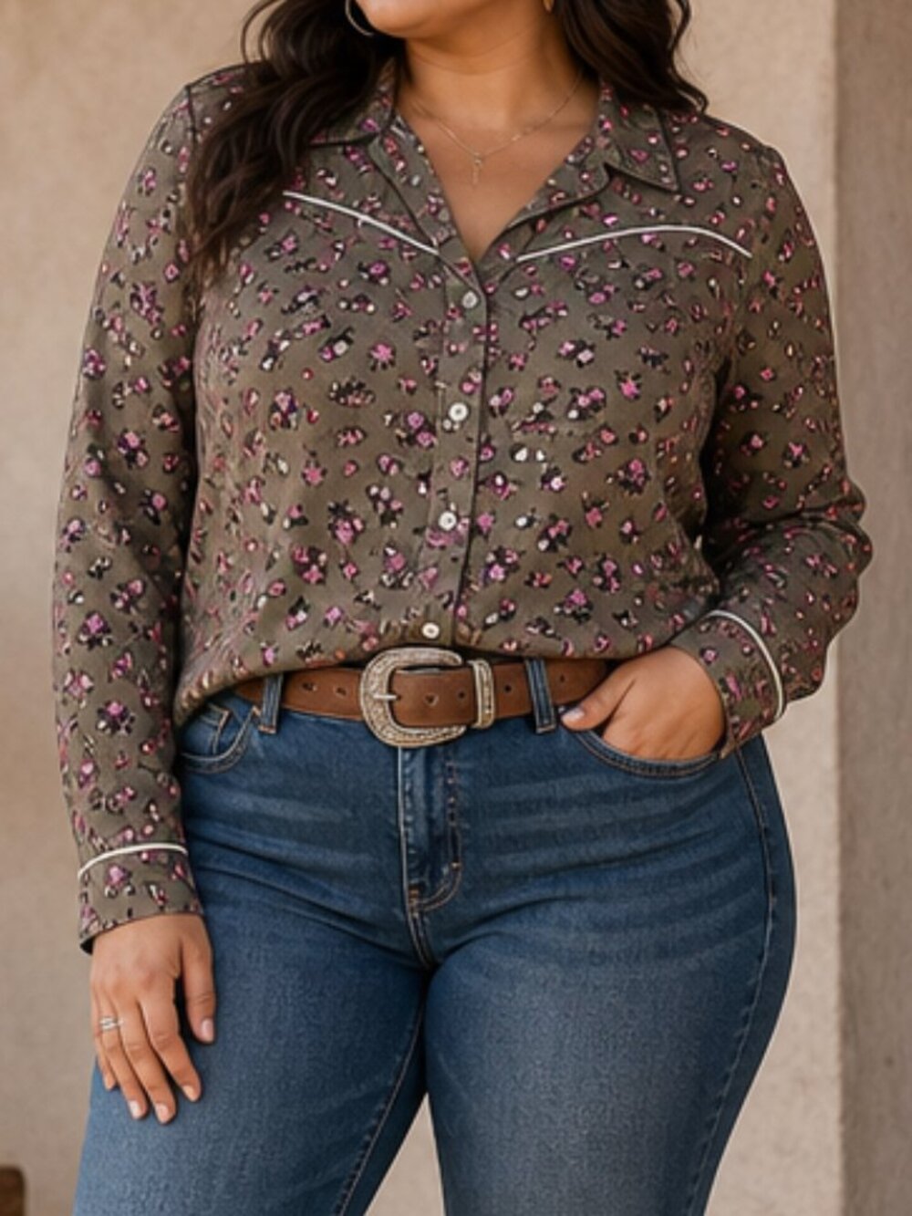 Wild Fable Western Green Ditzy Floral Button Front Long Sleeve Top Large Y2K
